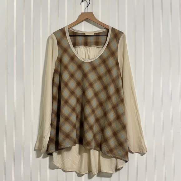 CP Shades Tops - CP Shades Plaid Cotton‎ Silk Mixed Media Blouse High Low Hem Made in USA Large